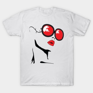 line art woman with red lips and red glasses T-Shirt